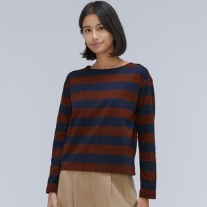 Everlane NWT The Long Sleeve Breton Tee Brown / Navy Blue Stripe Size XS
